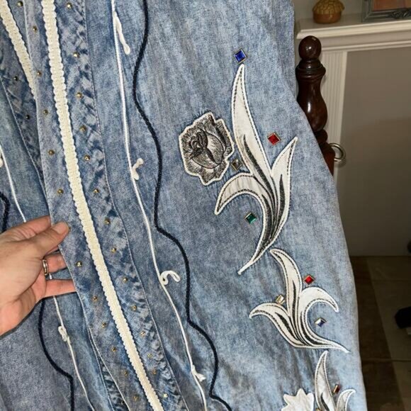 Vintage Modelle Designs 1980s Embroidered AcidWash Denim Duster Jacket Large - Picture 6 of 13